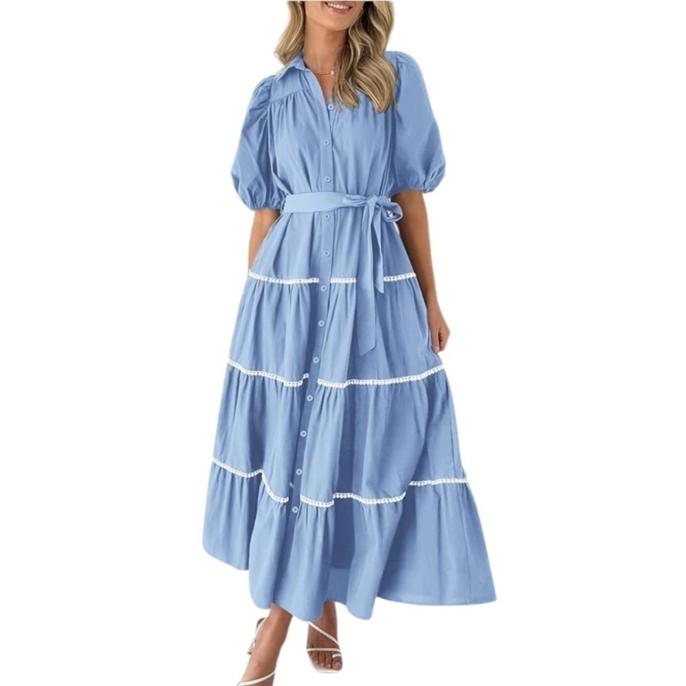 Pretty Garden Button Down Shirt Dress Short Puffy Sleeve Tiered Light Blue